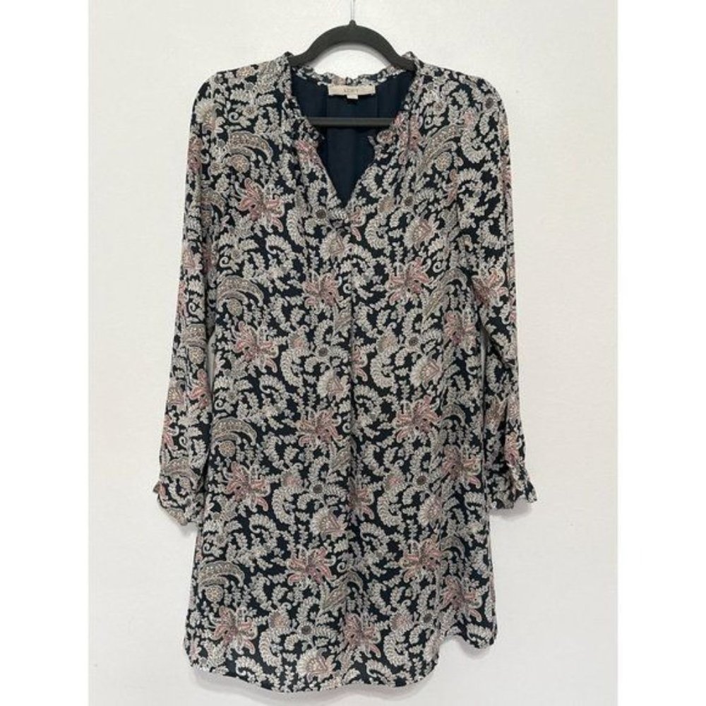 LOFT Paisley Print Floral Prairie Split Neck Long Sleeve Dress Size XS
